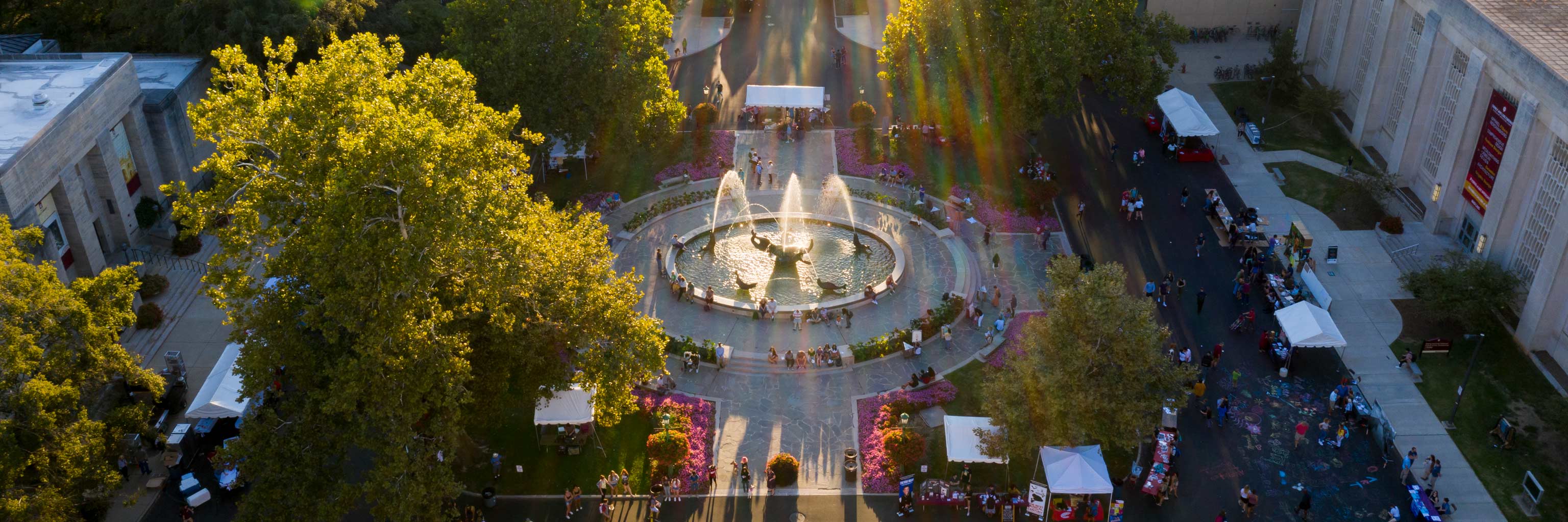 Aerial view of Showalter Fountain and the wider fine arts plaza on the Indiana University Bloomington campus.