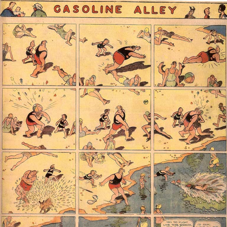 A comic strip featuring a woman getting into mishaps on the beach.