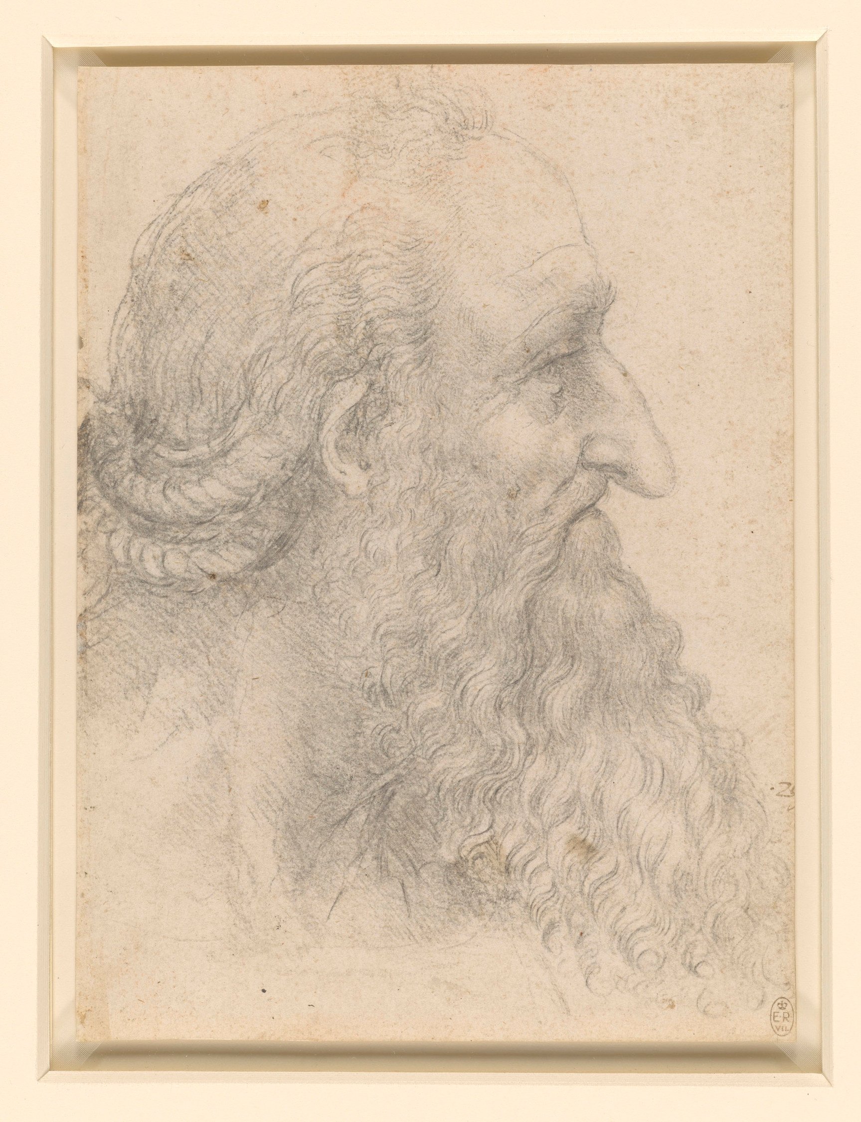 A drawing by the artist Leonardo da Vinci of an elderly man in profile view and looking to the right. Leonardo da Vinci (Vinci 1452-Amboise 1519). "The head of an old bearded man," c. 1517-18. Black chalk, 21.3 x 15.5 cm (sheet of paper), The Royal Collection
